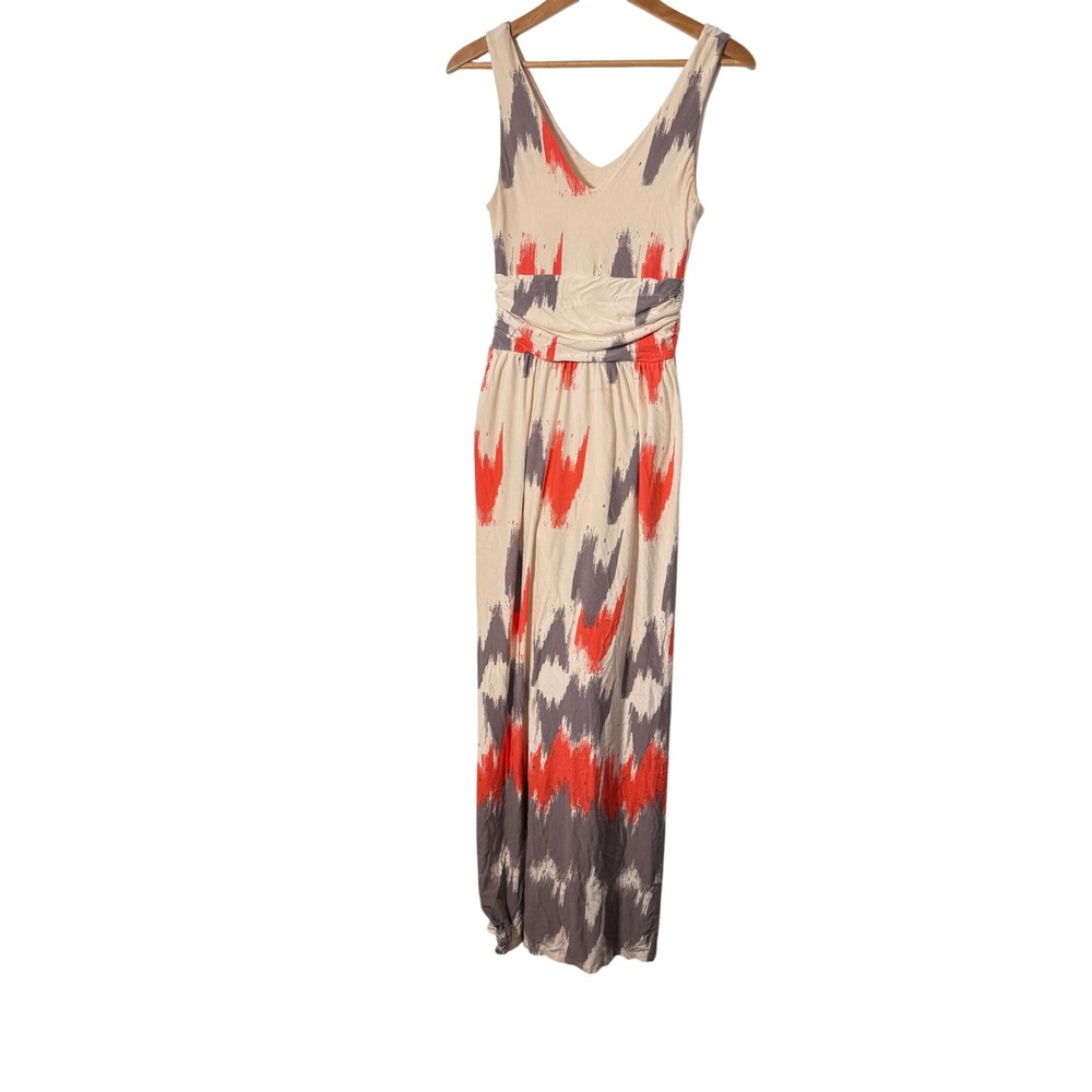 Maeve Maxi Dress Womens Small Orange Grey Ikat Print Anthro Ruched Waist Pockets